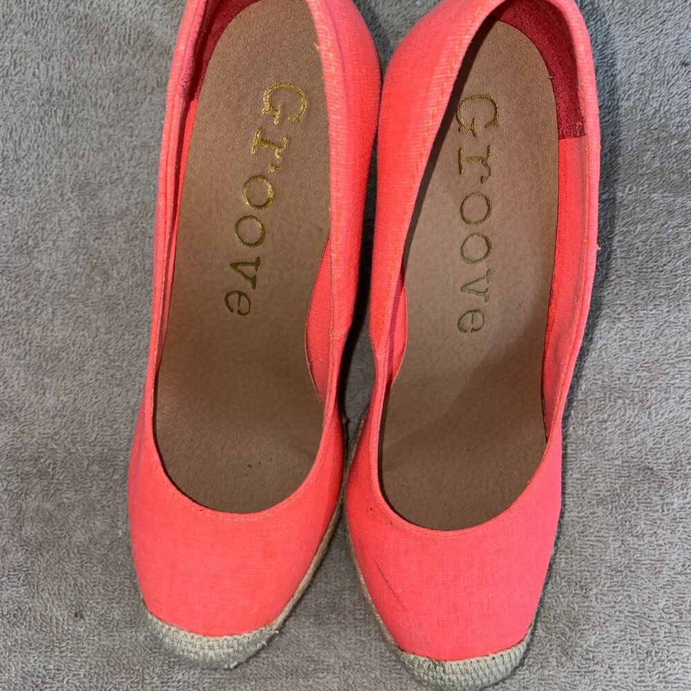 Groove Neon Coral Espadrille Wedge Heels Size 8 | Canvas Summer Shoes - Picture 5 of 7